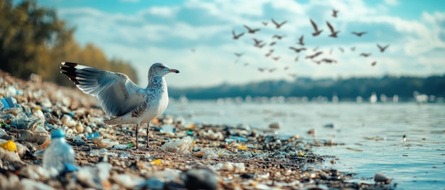 Photo a seagull stands on the shore with plastic waste strewn along the shoreline pollution on wildlife and the environment concept