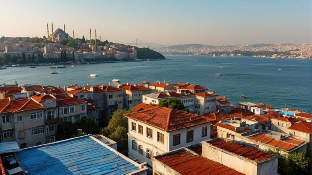 Seagulls fly over the Bosphorus with Istanbuls skyline