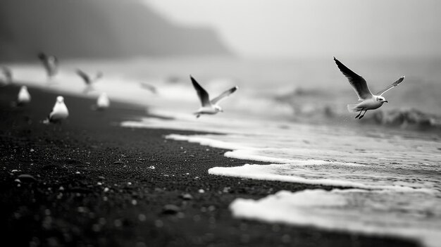 Photo seagulls flying over black sand beach near ocean waves at dusk