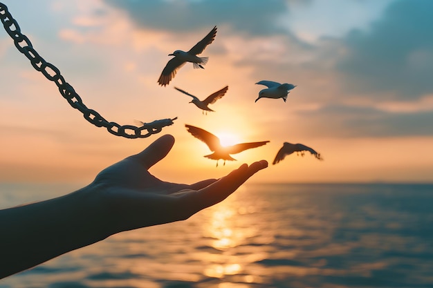 seagulls flying over a hand with a water hose in the background