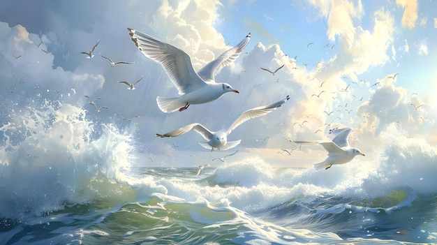 Seagulls flying over the ocean High quality