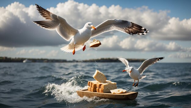 seagulls flying over the ocean One seagull is eating a piece of bread and the other seagull is tr