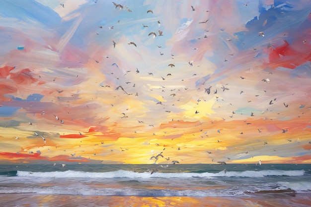 Seagulls flying in the sky over the sea digital painting