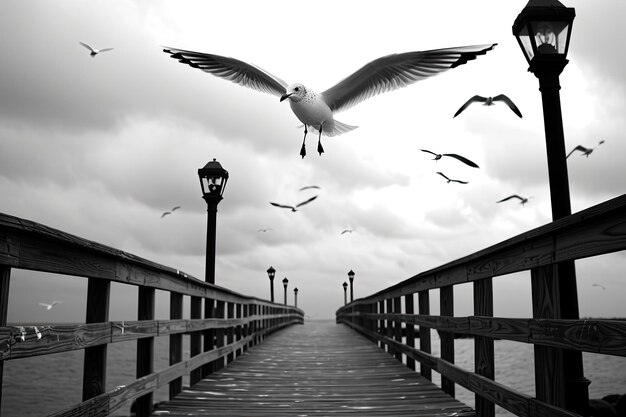 Seagulls soaring along the boardwalk in near by sea