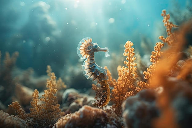 Seahorse dancing on colorful reef generative IA