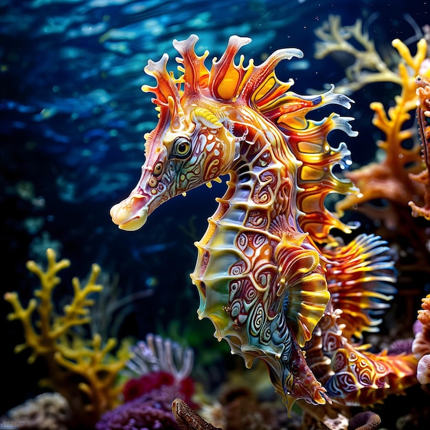 A seahorse with a face and the word sea on its face