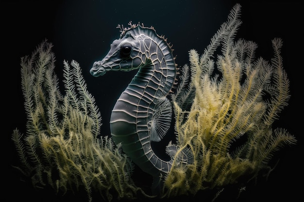 Seahorse with a shorter snout Hippocampus hippocampus hiding in a Zostera mat