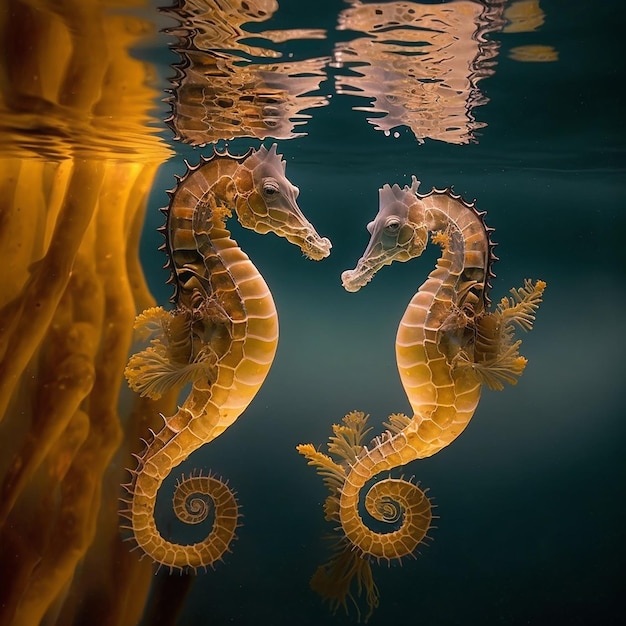 Seahorses amazing cute fish of an unusual shape among the algae in clear water closeup