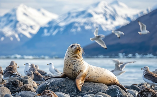 A seal basks in the sun on a rocky shore surrounded by seagulls and a mountain range in the background