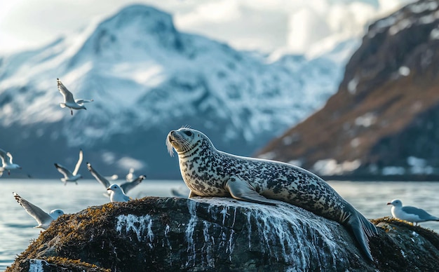 A seal basks in the sun on a rocky shore with seagulls flying overhead