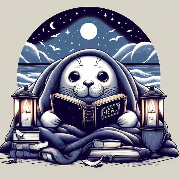 seal under a blanket reading a book childrens illustration