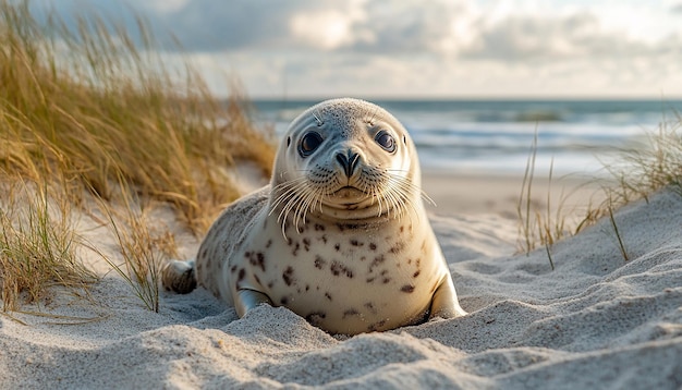 Photo a seal is laying in the sand with a beach in the background