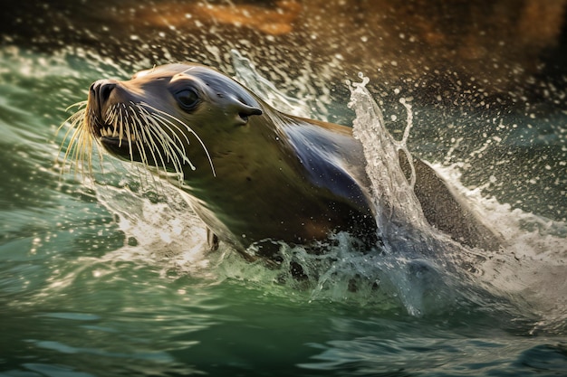 a seal is swimming in the water with its mouth open