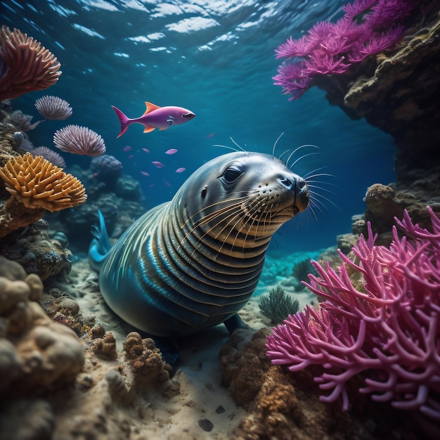 A seal is swimming in the water with a pink fish in the background.