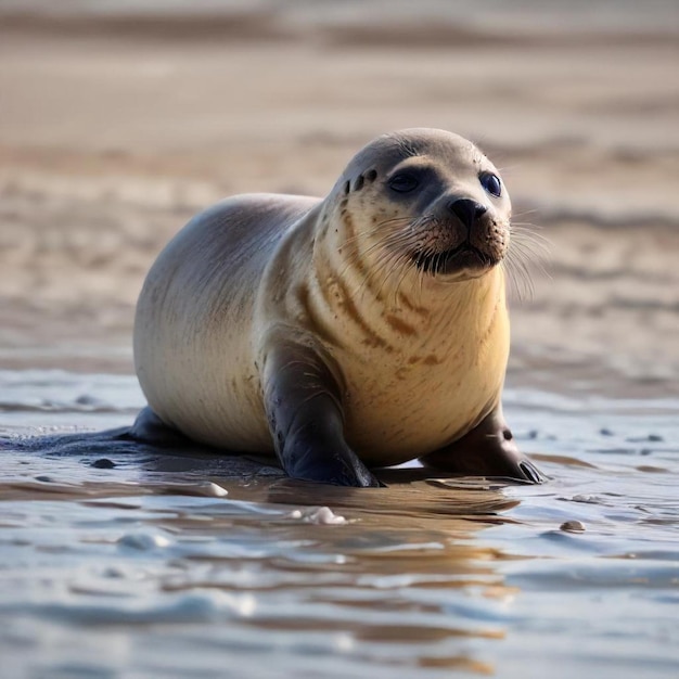 a seal is in the water with the sun shining on its back