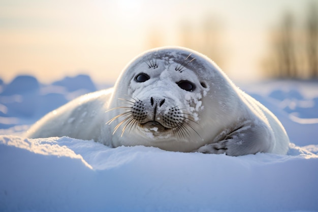 a seal laying in the snow with its eyes closed