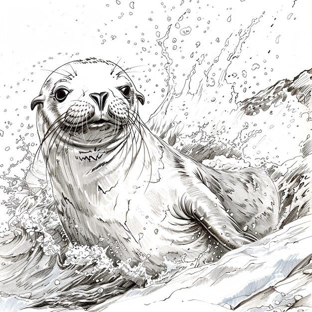 Seal pups playful isolated pencil drawing on white paper artwork