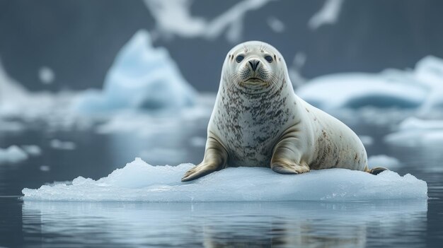 Photo a seal resting on a small ice floe in a tranquil arctic setting