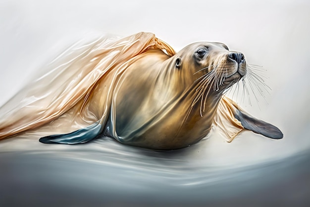 seal stuck in plastic and sea net, save ocean concept, seal stuck in sea rubbish