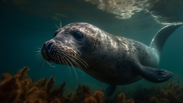 A seal swimming in the water with the word seal on the bottom.