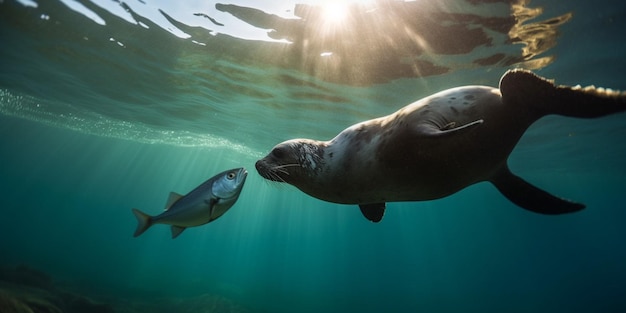 A seal swims under a fish in the ocean.