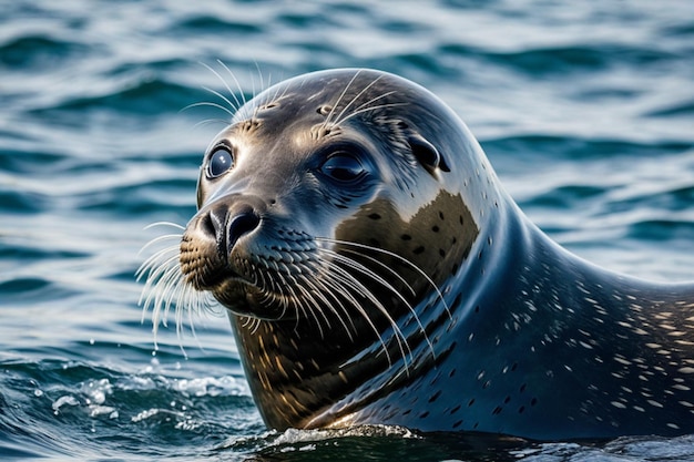 a seal with a blue eye and a white dot on its head