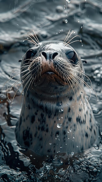 a seal with a wet nose is looking out of a water