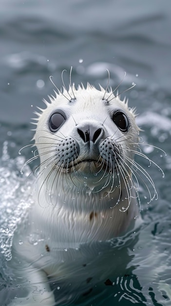 a seal with a white nose and eyes and a black dot on its nose