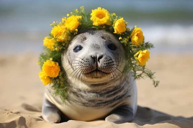 a seal with a wreath of flowers on its head