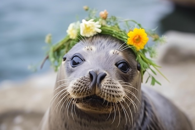 a seal with a wreath of flowers on its head