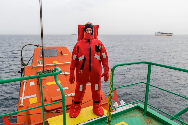 Seaman wearing Immersion Suit on Muster station Abandon ship drill Free fall boat Cargo vessel