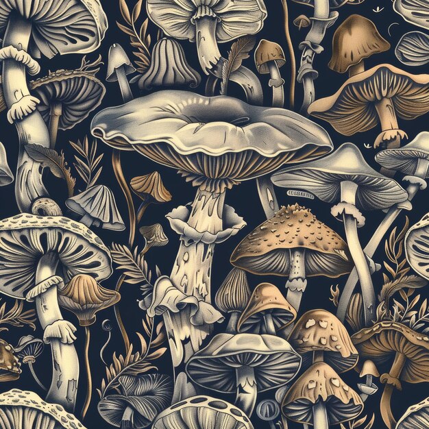 Photo seamless artistic handdrawn mushroom pattern for stylish fabric or wallpaper design