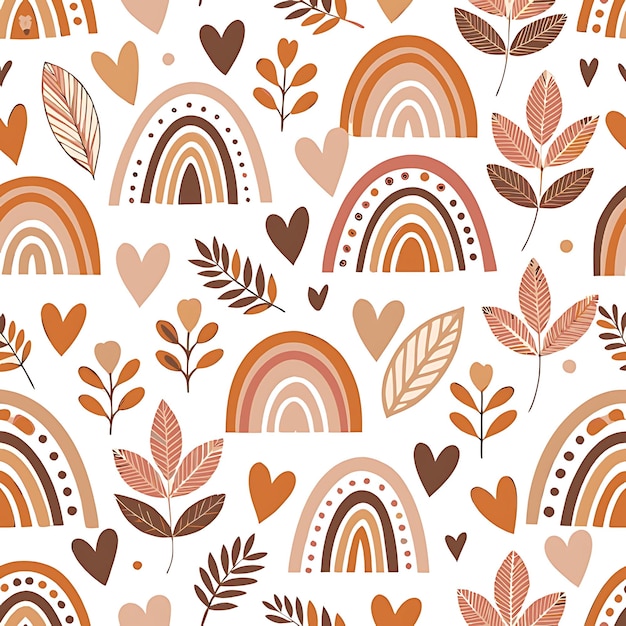 Photo seamless autumnthemed pattern with leaves rainbows and hearts in warm tones