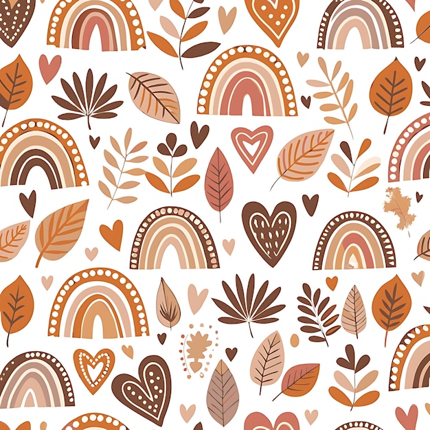 Photo seamless autumnthemed pattern with leaves rainbows and hearts in warm tones