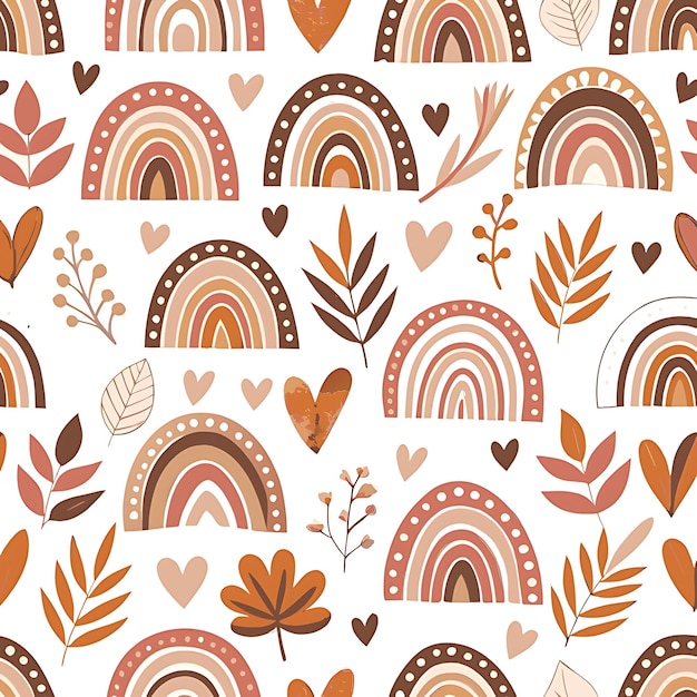 Photo seamless autumnthemed pattern with leaves rainbows and hearts in warm tones