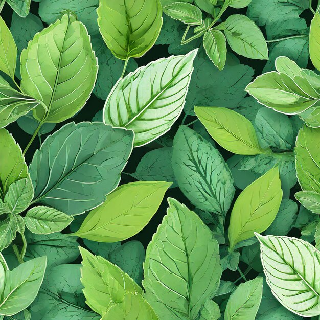 Seamless background of green leaves shades of tea mint color