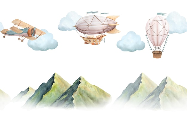 Seamless banner with watercolor illustration of picturesque green mountains and vintage plane hot air balloon and airship with clouds isolated