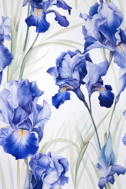 Photo seamless blue color iris flowers watercolor pattern