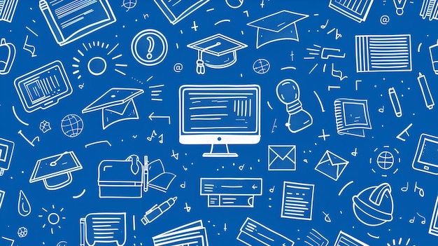 Seamless Blue Pattern White Outline Icons of Online Education for Learning Materials amp Websites