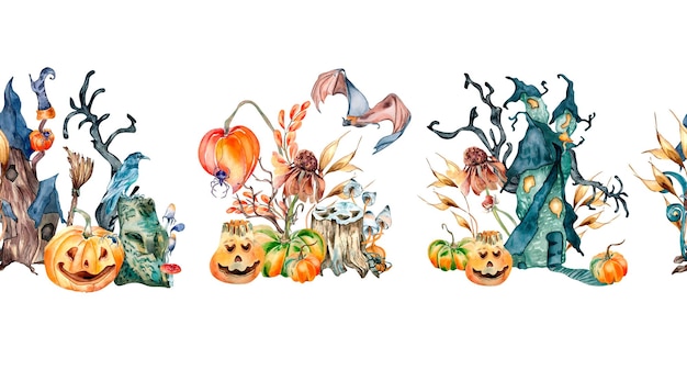 Seamless board of colorful Halloween watercolor illustration isolated on white background