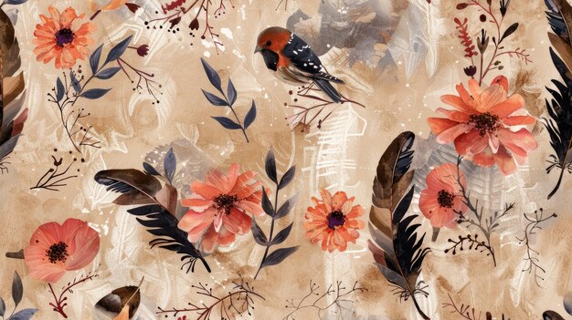 Seamless bohemian flower design featuring wildflowers and feathers in earthy tones