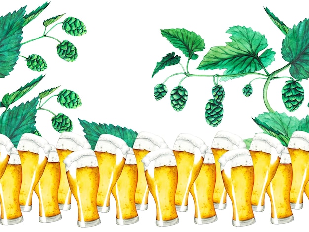 Seamless border green hop and beers Watercolor illustration for Octoberfest Sketch on on a transparent background for ornament or any design