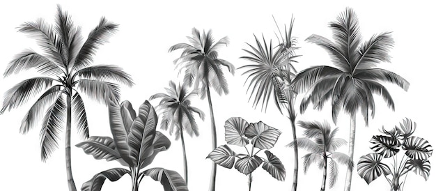 Photo seamless border hand drawn black and white lithography illustration retro style design tropical wallapaper ai generated illustration