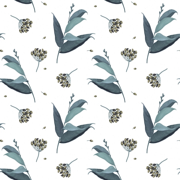 Seamless botanical pattern. Twigs with leaves and berries. Suitable for the design of wrapping paper, wallpaper, notebook covers, fabric.