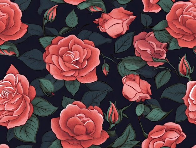 Seamless botanical pattern with hand drawn rose flowers Generative AI