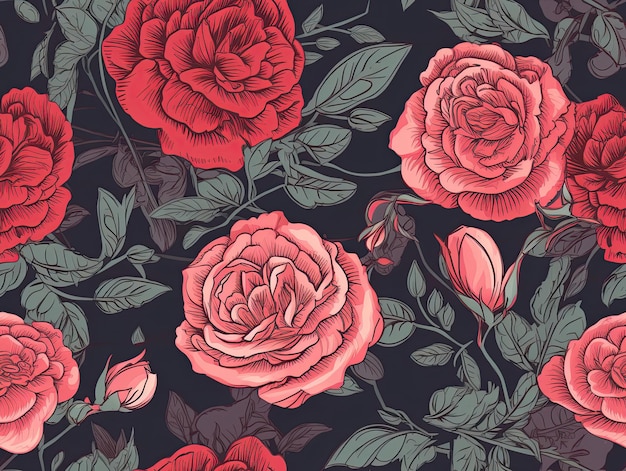 Seamless botanical pattern with hand drawn rose flowers Generative AI