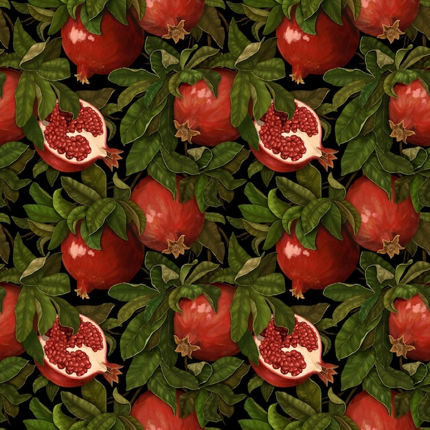 Seamless botanical pattern with juicy bright pomegranates in green leaves.