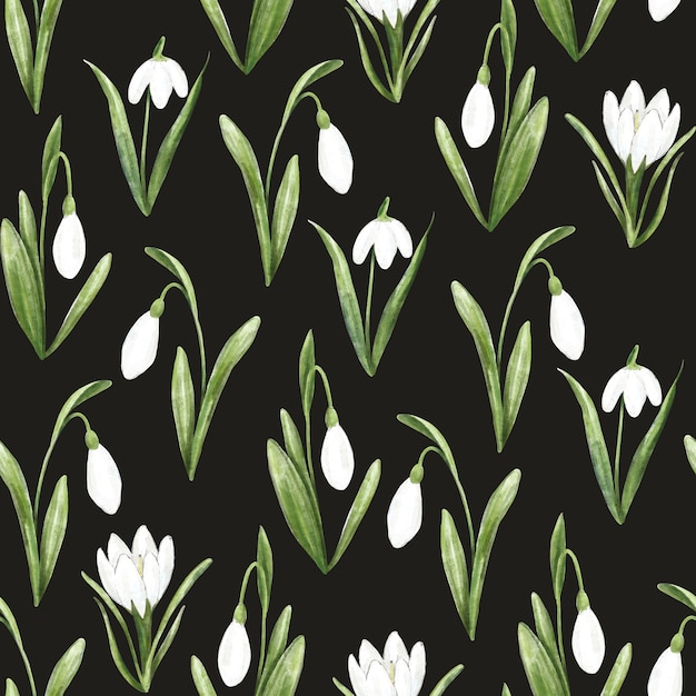 seamless botanical pattern with snowdrop flowers handmade watercolor drawing