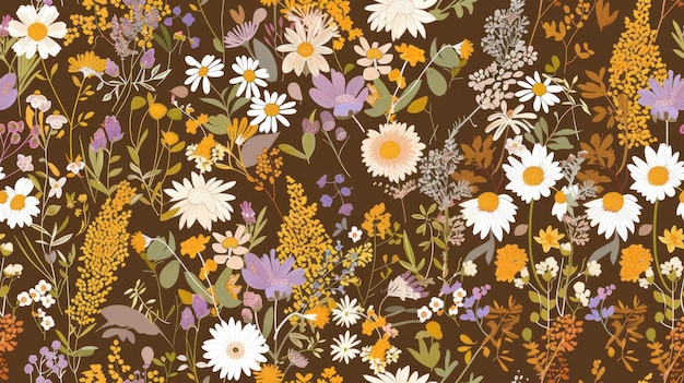 Seamless botanical pattern with wildflowers and herbs in natural earthy tones