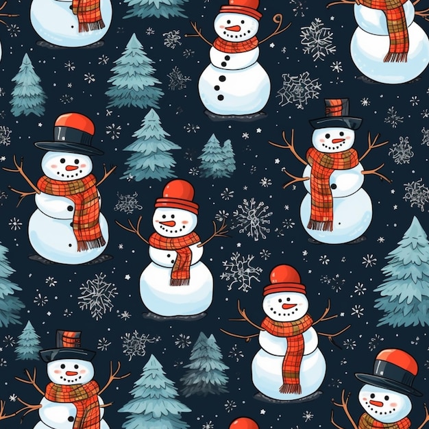 Seamless christmas pattern with snowmen and trees generative ai